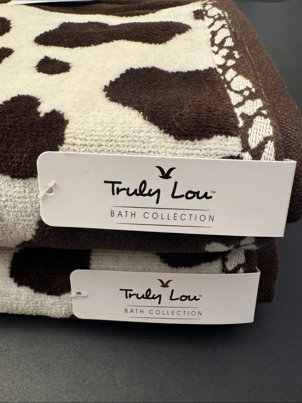 4pc TRULY LOU Bath Towel Set - Cotton Velour - Cow Print - Hot Fudge-Br/OffWhite